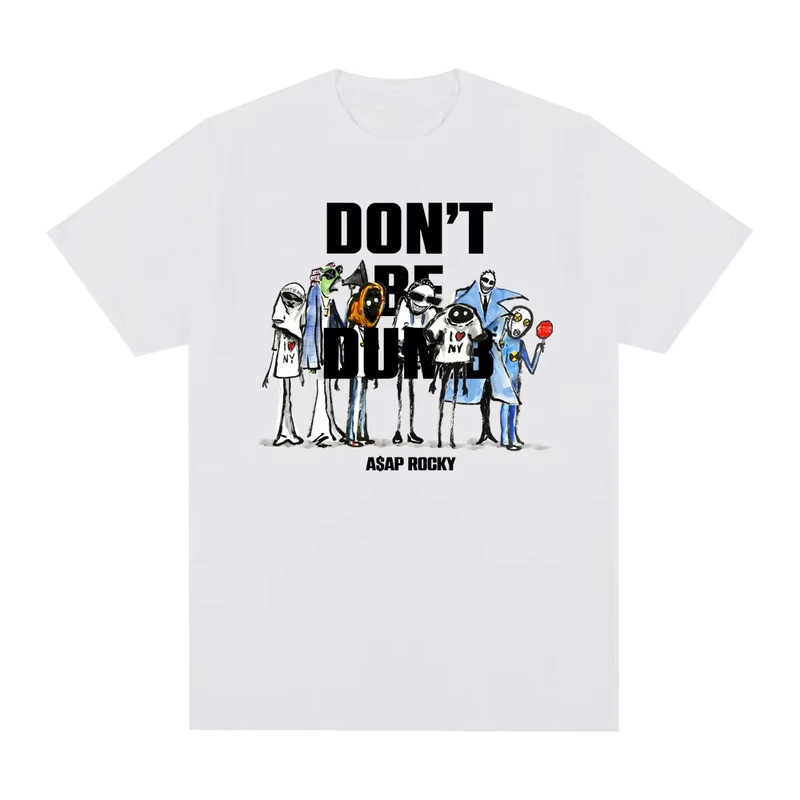 เสื้อยืดผู้ชายคอตตอน 100% ลายกราฟิกอัลบั้ม "ASAP Rocky Don't Be Dumb" คอโอเวอร์ไซส์ เสื้อยืดแขนสั้นส