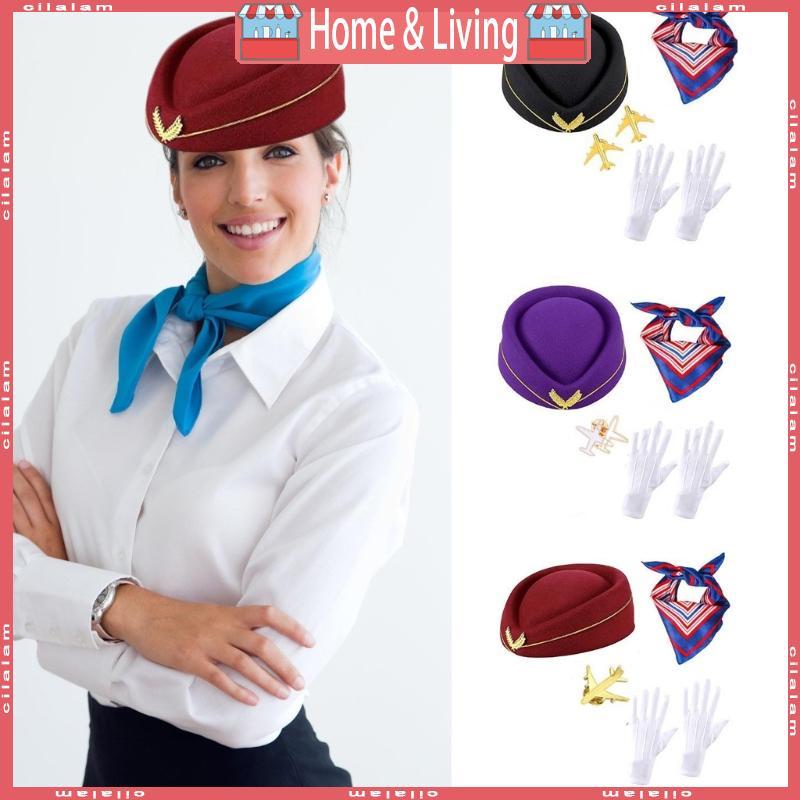 CI 4 ชิ้นผู้ใหญ่ผู้หญิง Stewardess เครื่องแต่งกายอุปกรณ์เสริม Air Hostess ชุดคอสเพลย์