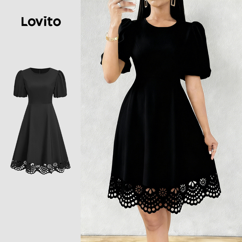 Lovito ชุดเดรสผู้หญิงสีดําสําหรับฤดูใบไม้ผลิ/ฤดูร้อน ตัดแต่งอย่างสง่างาม. L172LD1442