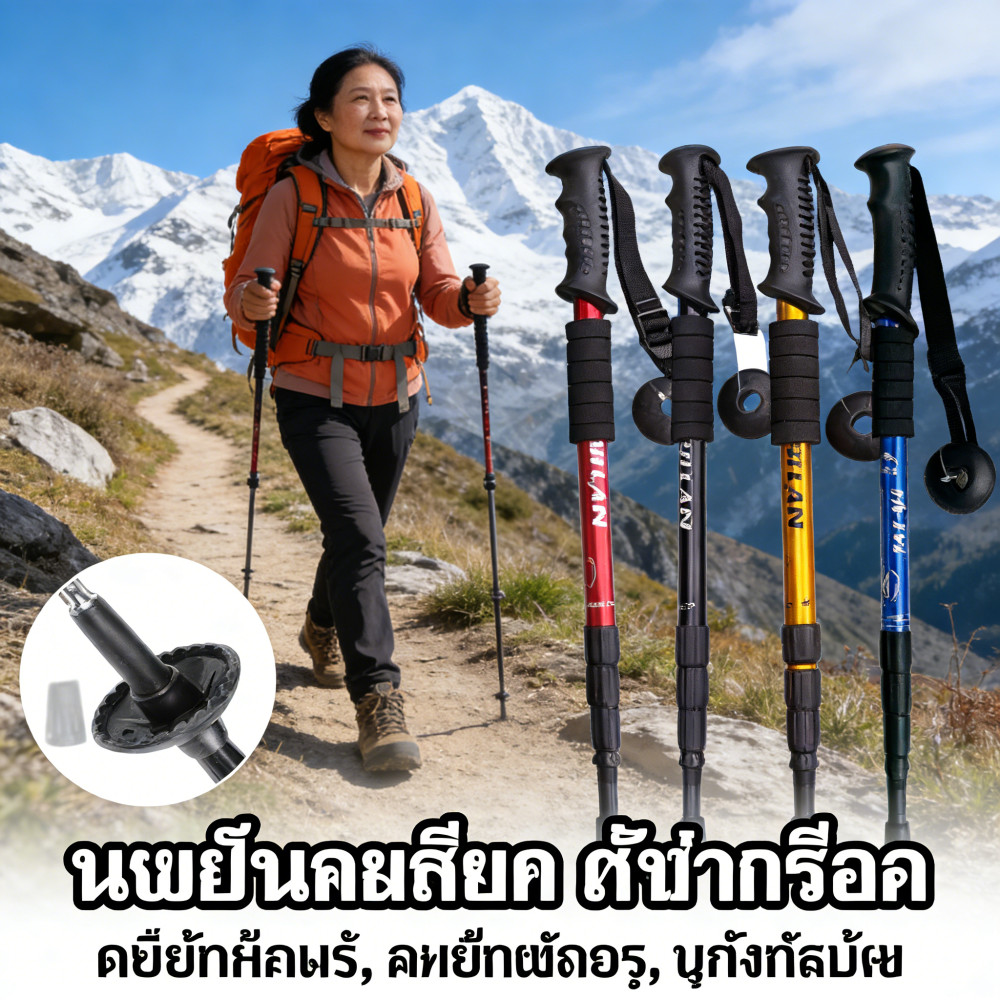 เท้าปีนเขาไม้ส่งสูงพับเก็บอลูมิเนียมไม้เท้าวิ่งปรับความสูงTrekking Stick Stick 🌷