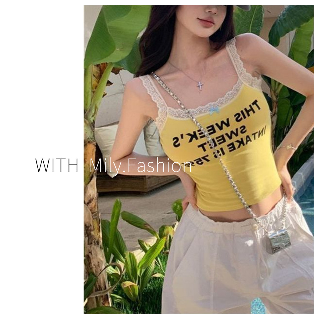 Milyfashion Ballet Style Lace Stitching Yellow Letter Print Small Camisole Slim-fit Short Top