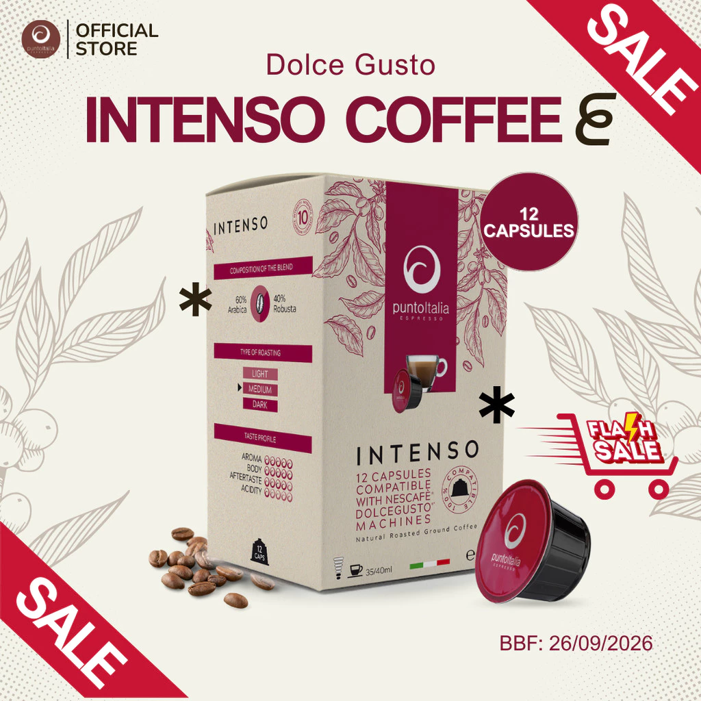 กาแฟแคปซูล INTENSO อาราบิก้า 60% สำหรับเครื่องDOLCE GUSTO® (12 แคปซูล) (PUNTO ITALIA ESPRESSO BRAND)
