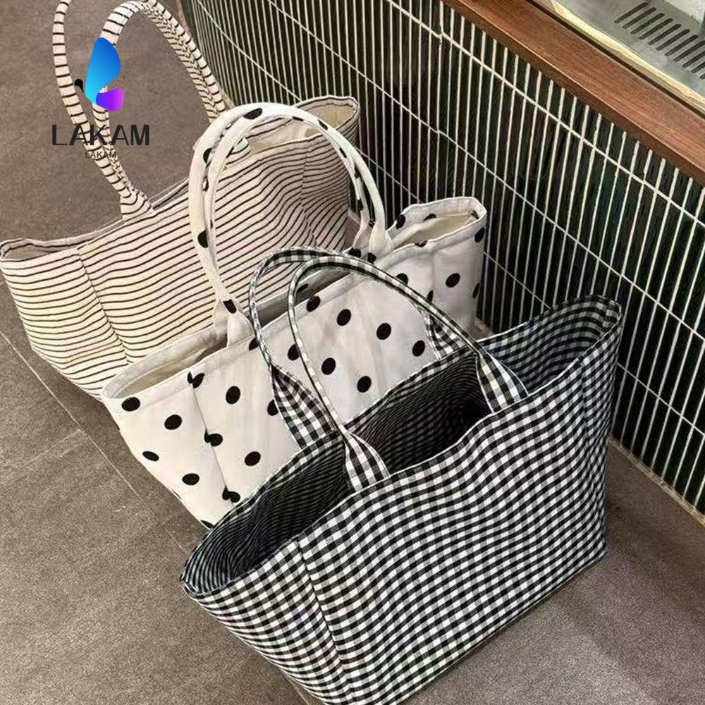 LAKAM Canvas Tote Bag สีพาตเตอร์นจุดและลายเส้น มีความจุใหญ่ เหมาะสำหรับการใช้งานทั่วไปและการเดินทาง