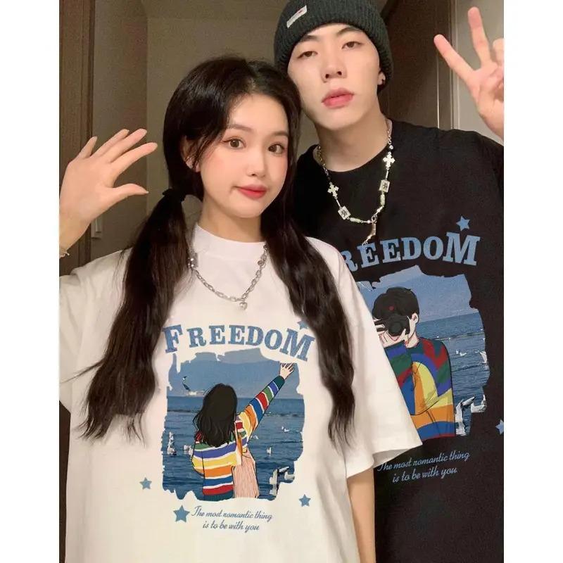 UT shop เสื้อยืด oversize ผ้าCotton 100% คอกลม เสื้อแฟชั่น 'FREEDOM BOY'  สบายและนุ่ม แขนสั้น ฤดูร้อ
