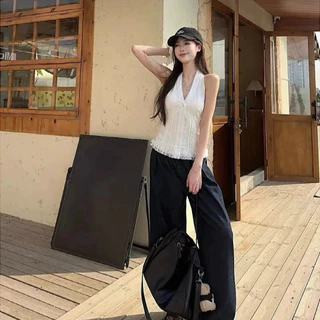 Pure Desire ลูกไม้สีขาว Halter Top ฤดูร้อนสไตล์เกาหลีหวานเผ็ดเฉพาะ Camisole