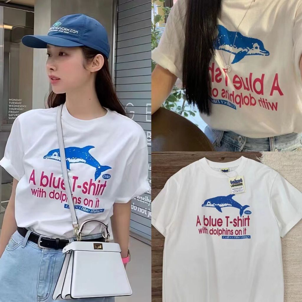 แฟชั่นSummer New Style Teket Casual American Retro Dolphin Print College Style Loose Unisex Short Sl