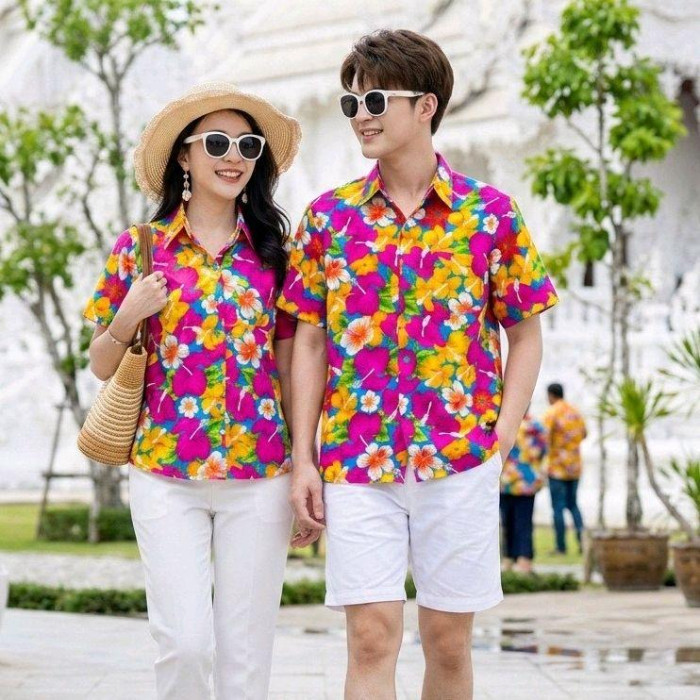 016 เสื้อเชิ้ตลายดอก ผ้าคอตตอน100% สีไม่ตก ผ้าไม่หด ลายคมชัด มีไซส์หญิงชาย S-5XL งานไทย ส่งจากไทย*1ตัว* รูปที่ 2