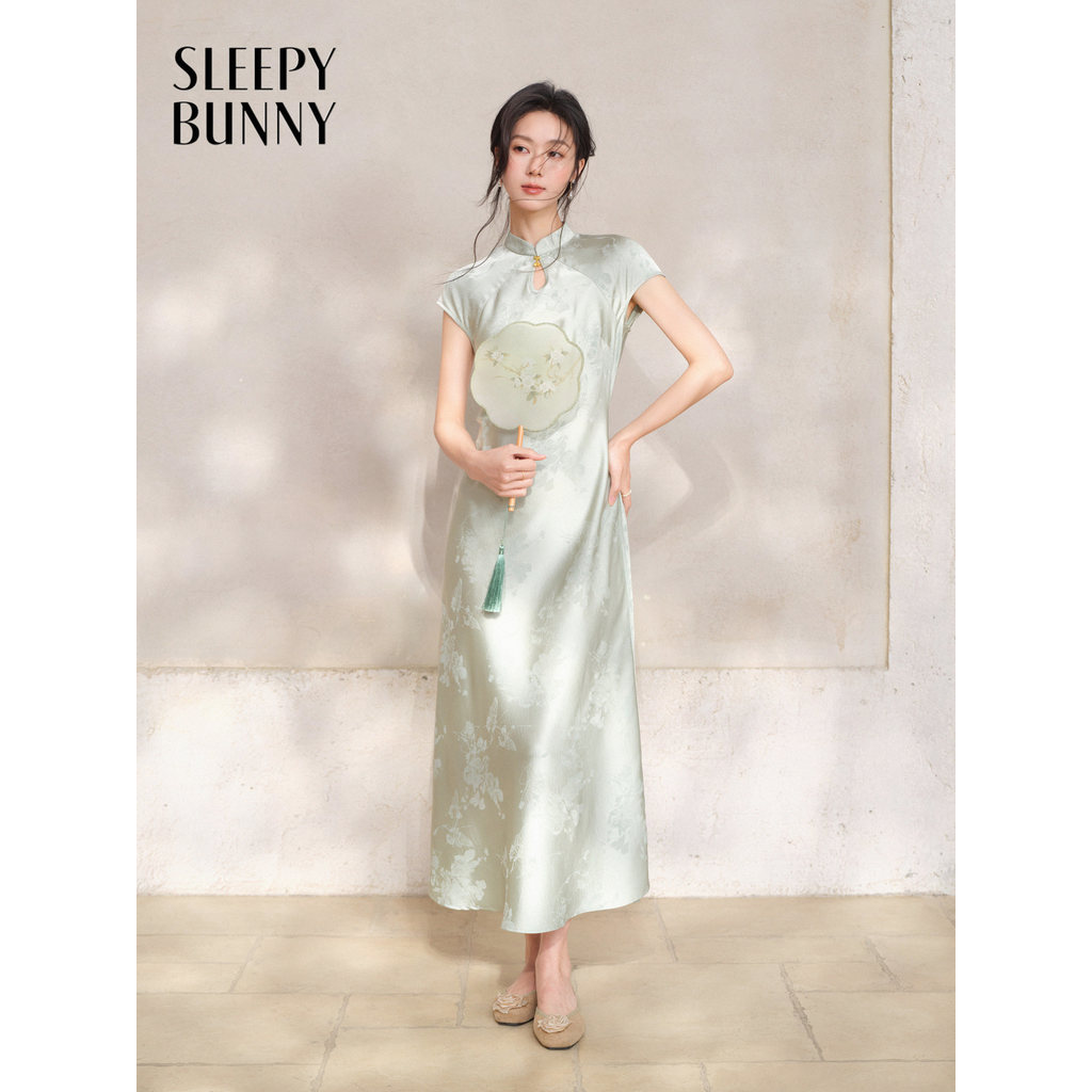 SLEEFY BUNNY ผู้หญิงซาติน Jacquard Qipao ชุด Lady Early ฤดูใบไม้ผลิ Slim Fit เอว Midi ชุดลําลองทุกวั