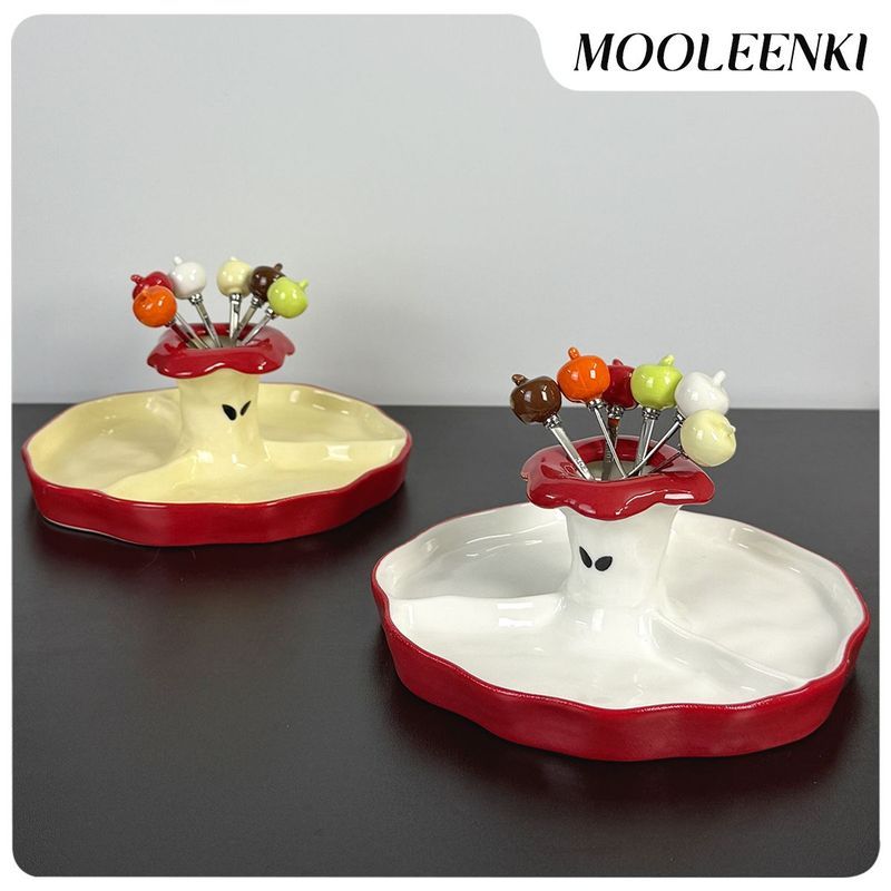 Mu Lunqi Creative จานผลไม้เซรามิกสแตนเลสส้อมผลไม้ชุดครัวเรือนขนมหวานจานขนมพิธีขึ้นบ้านใหม่งานแต่งงาน