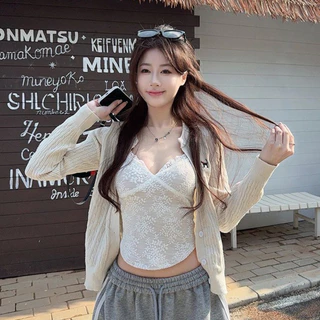 QY.shop เสื้อยืดแขนสั้นลูกไม้แฟชั่นผู้หญิง คอปกกลม เสื้อสายเดี่ยวไม่มีแขน ใส่แล้วผอมเพรียว สีพื้น-FY10191+FY5238
