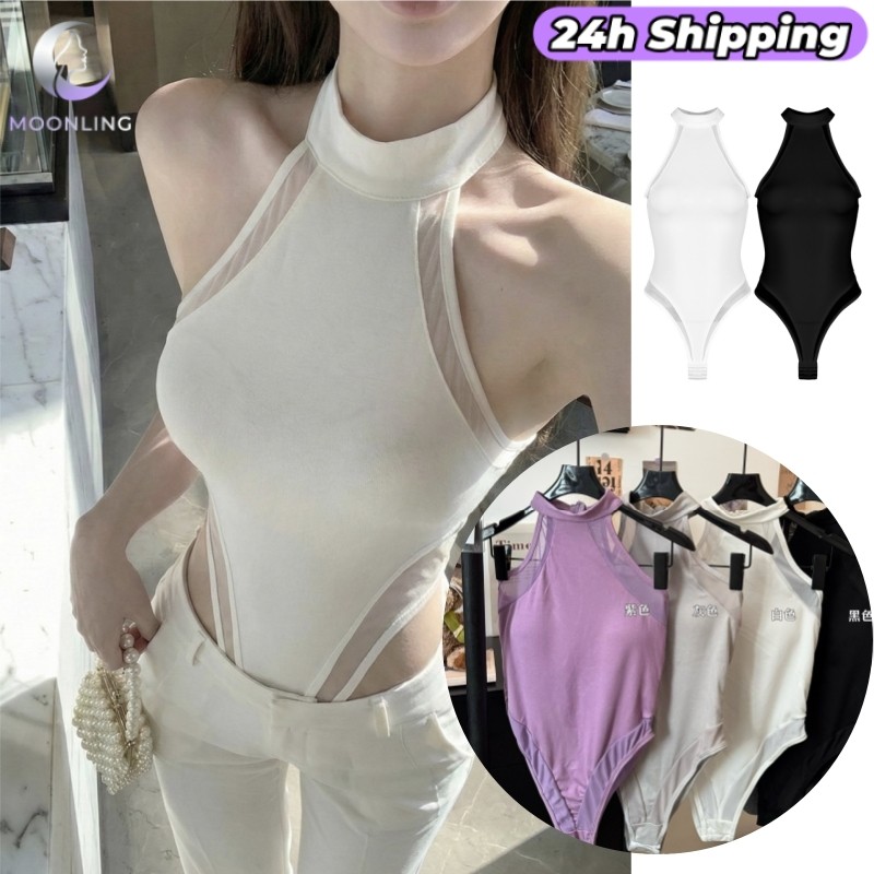 MOON 'พร้อมส่ง' เสื้อแขนกุด บอดี้สูท ดีเทลผ้าซีทรู มีฟองน้ำ  เข้ารูป แมตได้ทุกแบบ FY7015