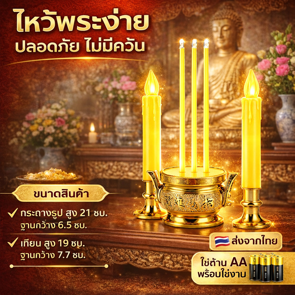 ชุด กระถาง + ธูปไฟฟ้า LED มงคล ขนาด 7 นิ้ว แบบใส่ถ่าน ปลอดภัย ไม่ต้องเสียบปลั๊ก สำหรับโต๊ะหมู่บูชา บูชาสิ่งศักดิ์สิทธิ์