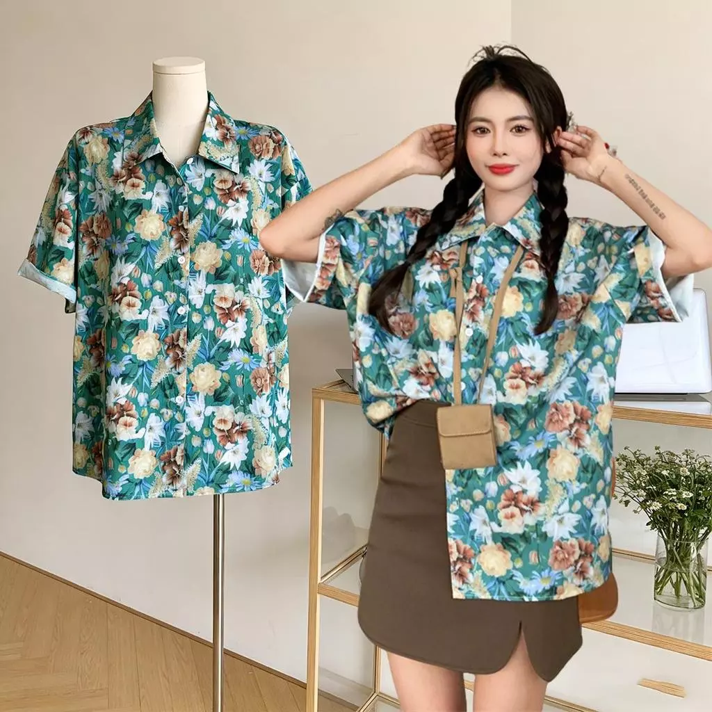 Chili Koko เสื้อแขนสั้นลายดอกไม้ทรงหลวม W367