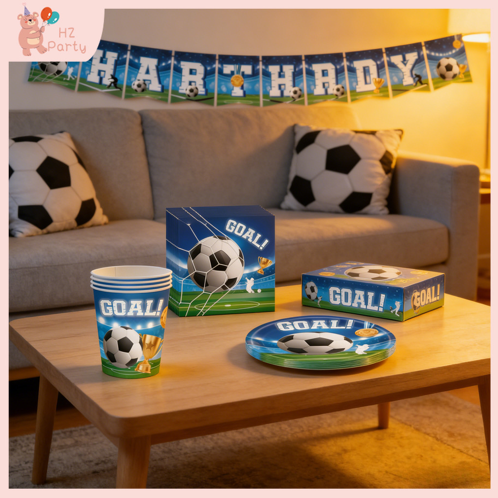 All-in-One World Cup Party Pack: "GOAL!" จาน ถ้วย แบนเนอร์และผ้าเช็ดปาก (ธีมฟุตบอล)