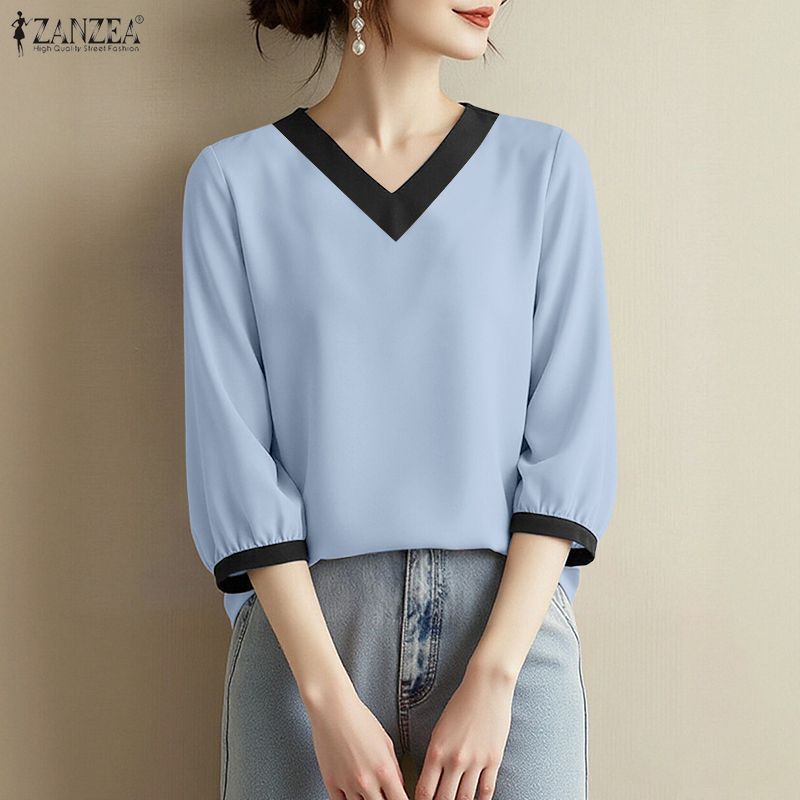 ZANZEA ผู้หญิงเกาหลีลําลอง V คอ 3/4 แขนโคมไฟ Contrast Splicing ปุ่มด้านหลังเสื้อหลวม — صورة 5