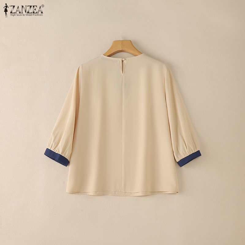 ZANZEA ผู้หญิงเกาหลีลําลอง V คอ 3/4 แขนโคมไฟ Contrast Splicing ปุ่มด้านหลังเสื้อหลวม — صورة 8