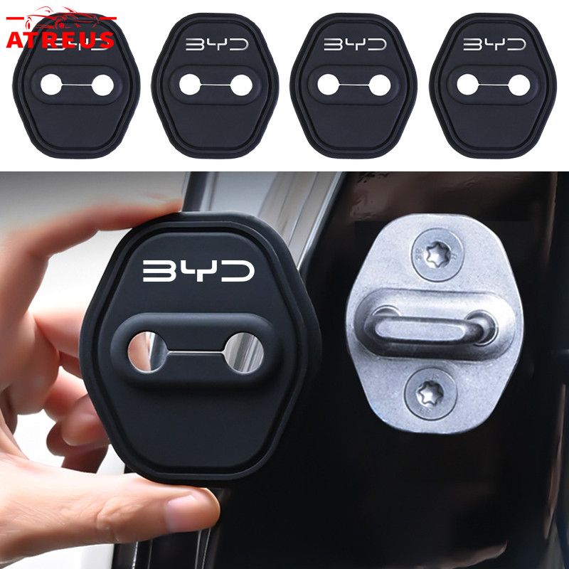 4 ชิ้น BYD ซิลิโคนแผ่นล็อคประตู กันเสียงบัฟเฟอร์เงียบ ประตูรถยนต์ป้องกันการชนกัน รถล็อคประตูหัวเข็มขัดปก สำหรับ BYD Dolphin Atto 3 Sealion 6 Sealion 7 M6 Seal U Han EV Seagull Atto3 Yuan plus