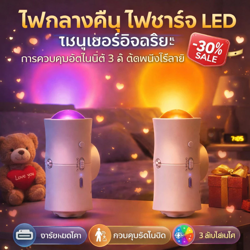 COD ไฟกลางคืน ไฟชาร์จ LED เซนเซอร์อัจฉริยะ การควบคุมอัตโนมัติ 3 สี ติดผนังไร้สาย ชาร์จ Type-C