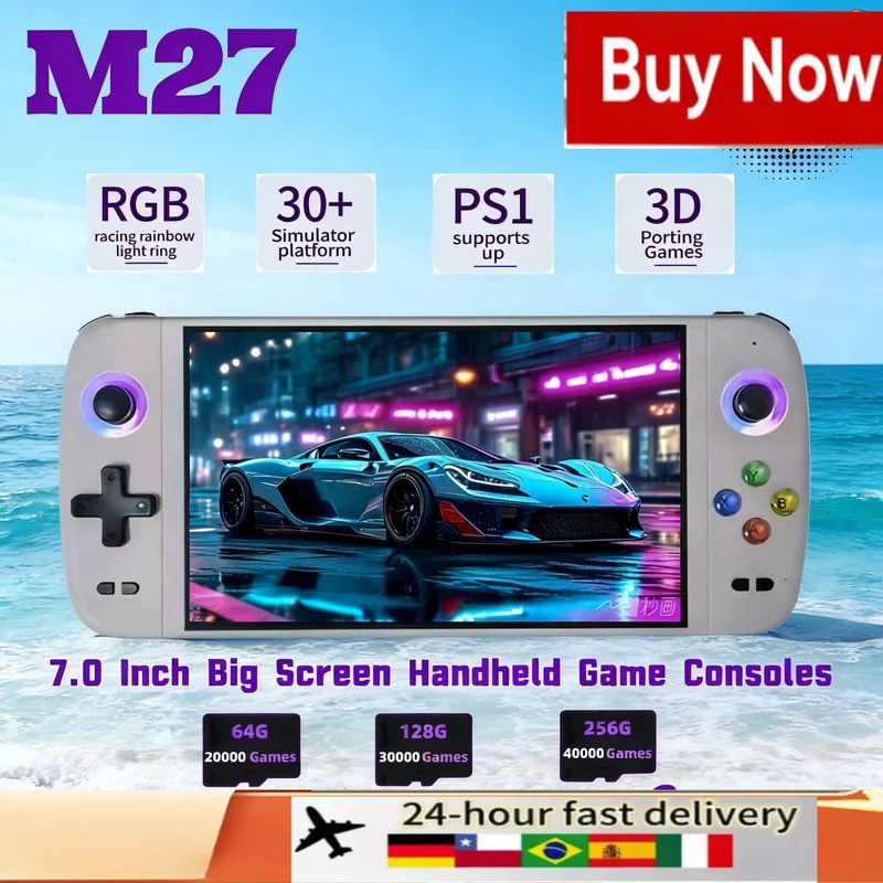 M27 Retro เครื่องเกมมือถือ PSP เกม RGB Lightning Retro คอนโซลวิดีโอเกม Emuelec ระบบจอยสติ๊ก 7 นิ้วหน