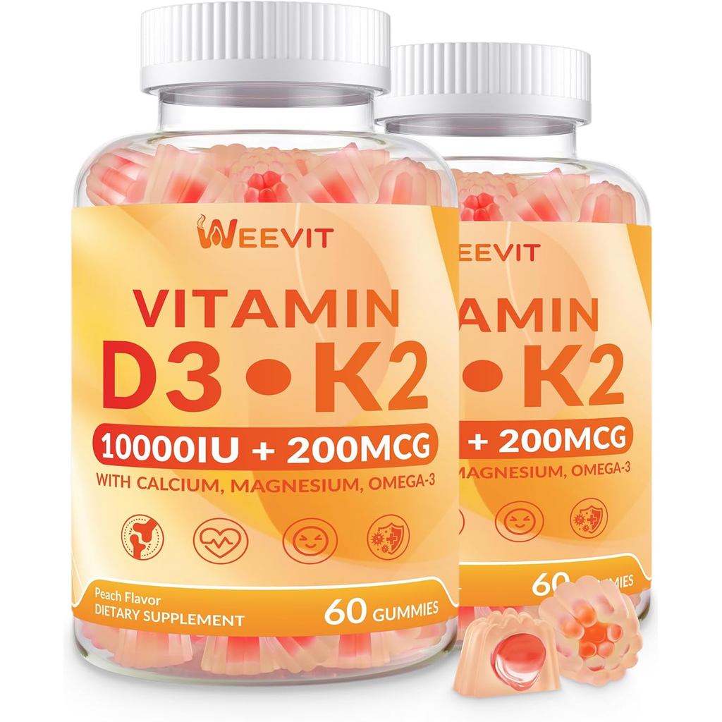 Vitamin D3 10000iu & K2 (as MK7) 200mcg Gummies w/Calcium, Magnesium, Omega-3, Vitamin C, B12, K2 D3