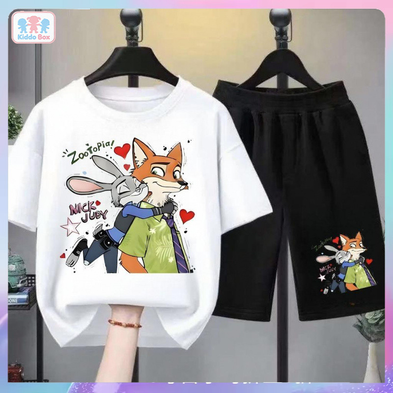 COD  ใหม่!!!ชุดเสื้อแขนสั้นกางเกงขาสั้นสำหรับเด็ก!ตัวการ์ตูนน่ารักจาก "Zootopia" น่ารักกับฝูงสัตว์ ผ้านุ่มสบาย