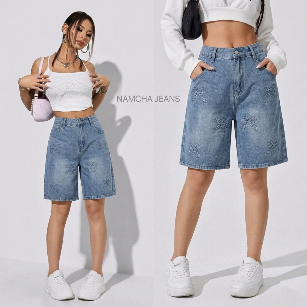 NAMCHA กางเกงยีนส์สามส่วน กางเกงยีนส์สามส่วนเอวสูง สียีนส์ 330