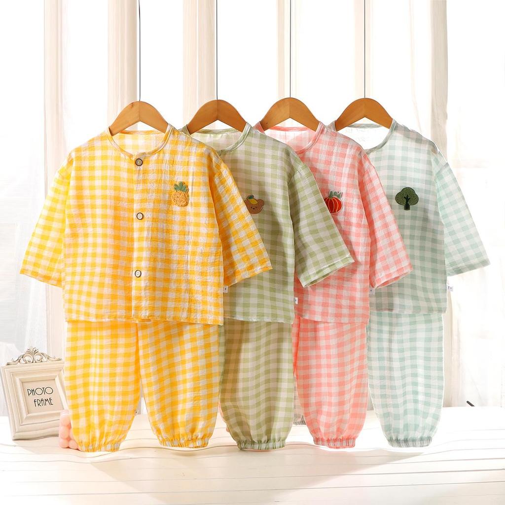 LL Stores ชุดนอนเสื้อกางเกงขายาวสำหรับเด็กลายสก็อตสีสันสดใส ผ้าโพลีเอสเตอร์นม ระบายอากาศ“DA-S”【Kid's