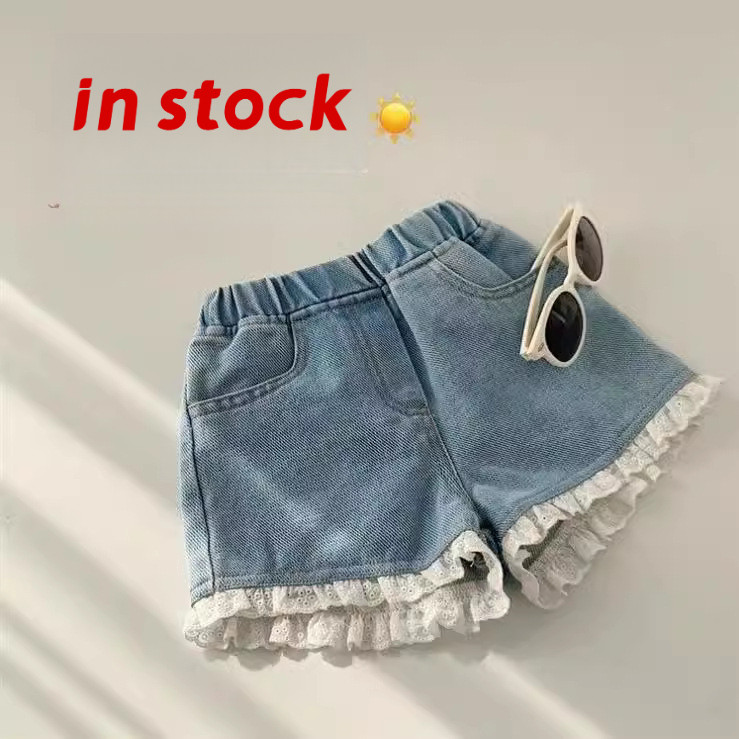 [Grojoy] (คลังสินค้าพร้อม) กางเกงยีนส์เด็กผู้หญิงฤดูร้อนเกาหลีลูกไม้นุ่มสบายกางเกงขาสั้นผ้ายีนส์ลําล