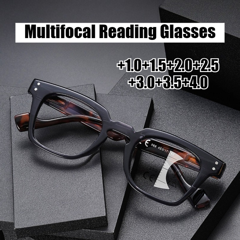 Stylish Square-Frame Multifocal แว่นตาสายตายาว Unisex แฟชั่น Blue Light-Blocking Progressive Multifocal แว่นตาอ่านหนังสือ