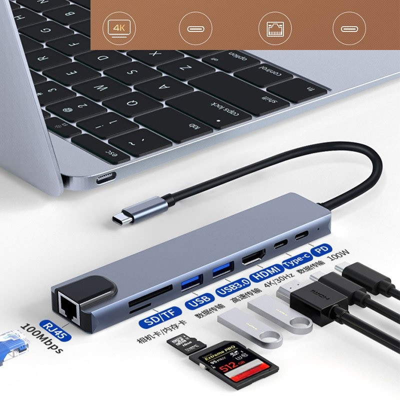 อะแดปเตอร์ฮับ 7-in-1 Type C HUB เป็น USB 3.0 + USB + HDMI 4K + USB-c + PD100w + RJ 45 100Mbps + SD/TF USB C HUB 3.5 มม