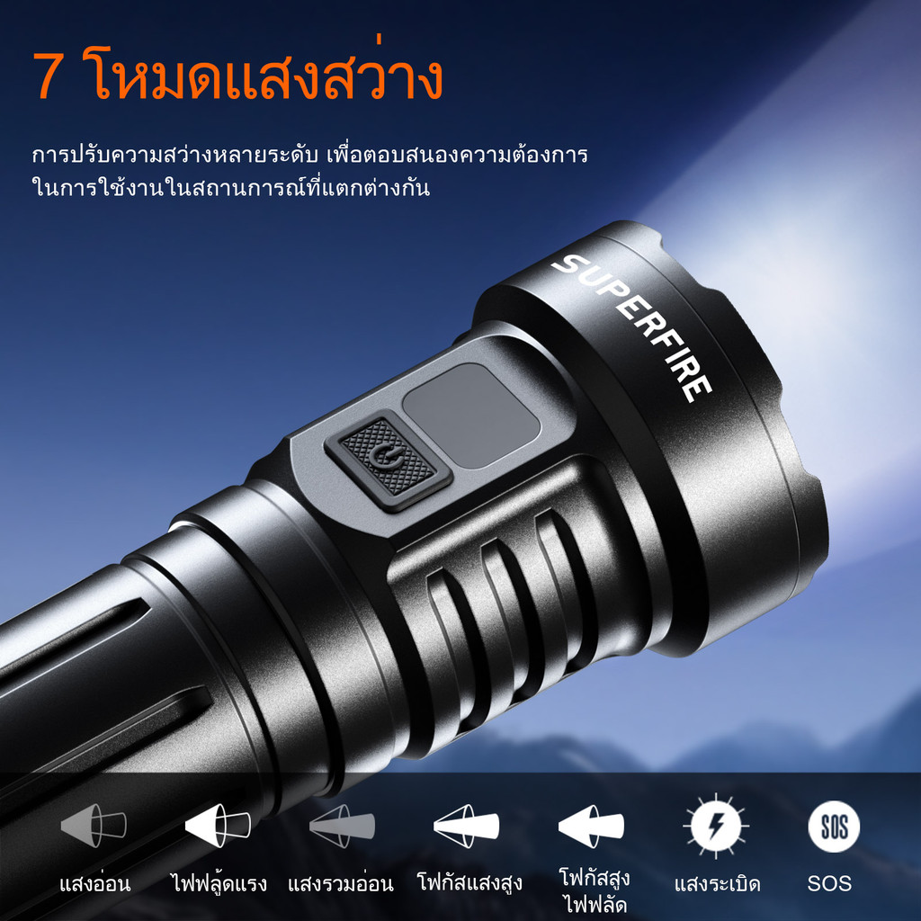 SUPERFIRE L24 35W Multi-gear ไฟฉายลูกปัด LED เจ็ดไฟทํางานมัลติฟังก์ชั่นแบบชาร์จไฟได้พร้อมจอแสดงผลเปอร์เซ็นต์แบตเตอรี่ — صورة 5