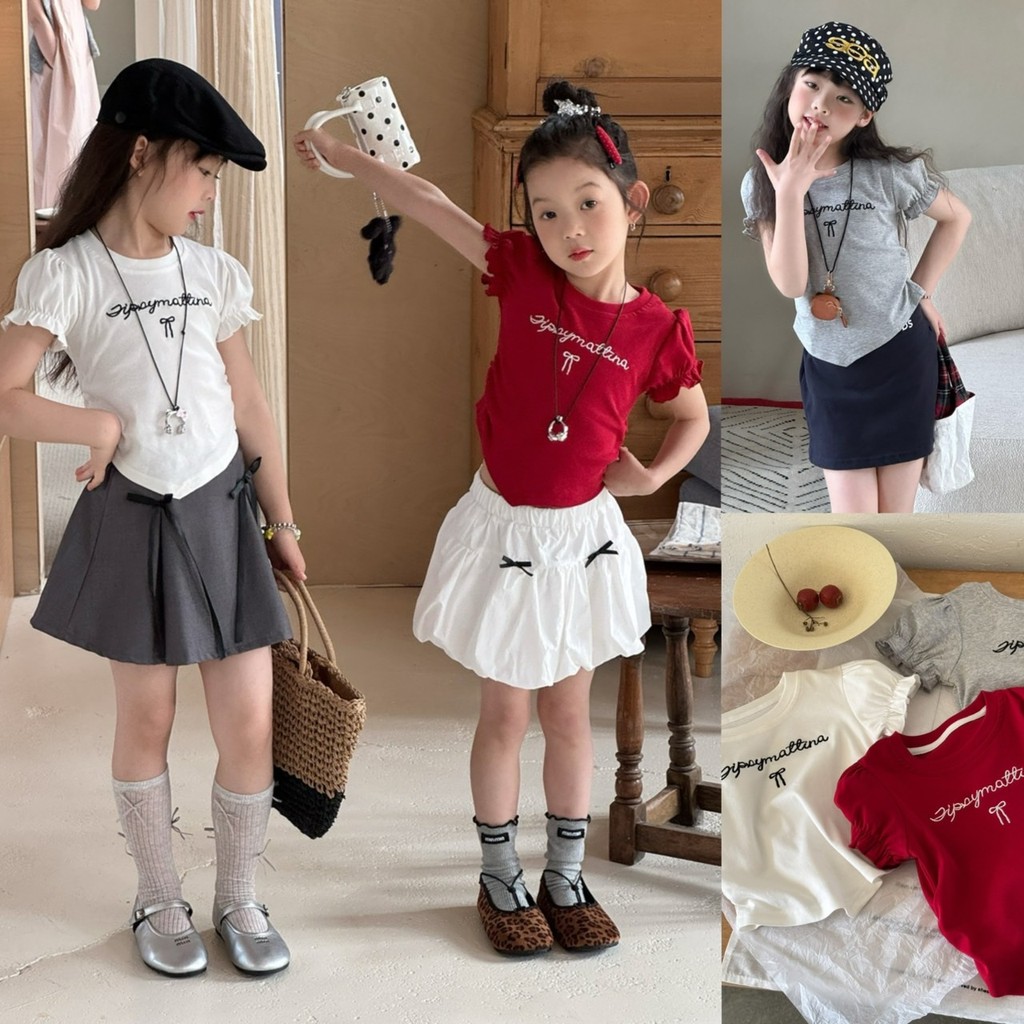 PRETTY BABY เสื้อยืดเด็ก เสื้อคอกลม แขนตุ๊กตา งานปักอักษร โบว์ (2081)