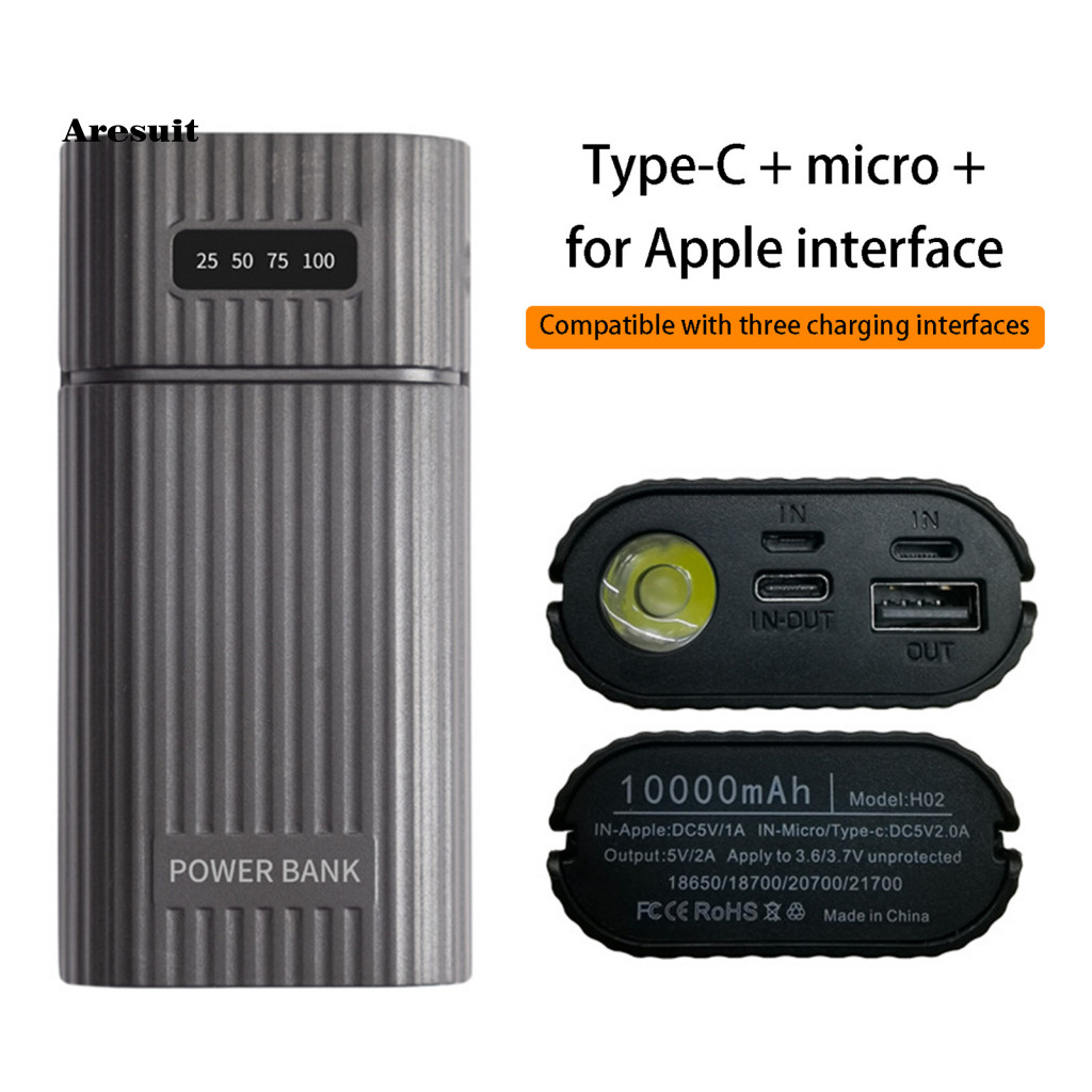 [Aresuit] Power Bank Case Universal สะดวกเชื่อมฟรีทนไฟกันกระแทกชาร์จเร็วพร้อมไฟฉาย LED 2 X 18650 21700 Battery Charger Case DIY กล่องสําหรับสมาร์ทโฟน