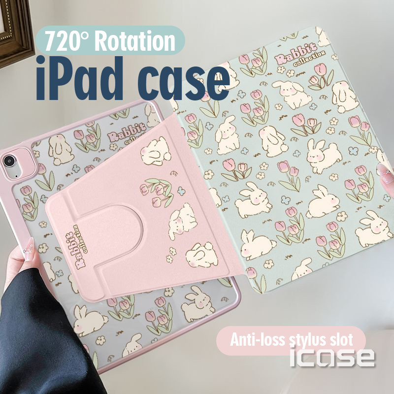 กระต่ายน่ารัก & ดอกไม้ เคส iPad หมุนได้และพับเก็บได้ เหมาะสำหรับ iPad Air7 M3 และ iPad รุ่นที่ 11