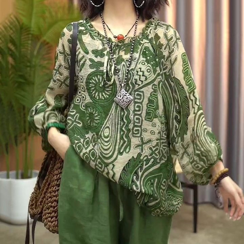 เสื้อชีฟองพลัสไซส์ทรงหลวมสำหรับผู้หญิง พิมพ์ลายสวยงาม กันแดดนุ่มนวล