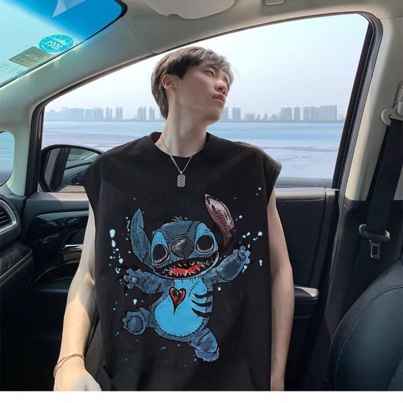 卡通用品尺寸仔年新款印花背心 男士短袖上衣การ์ตูน Graffiti Stitch New Years Edition พิมพ์เสื้อกั๊กสําหรับชาย,แขนกุดหลวมสไ