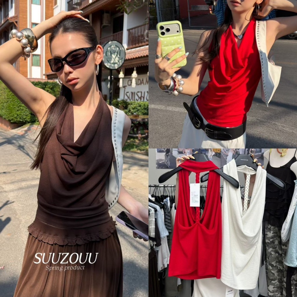 ❤ 🧵 🇰🇷 SU135 เสื้อแขนกุด ทรงคอถ่วง ด้านหลัง โชว์หลัง แต่งผ้าถักเป็นเปีย แฟชั่นเกาหลี TAG MM Fish 🧵🧡