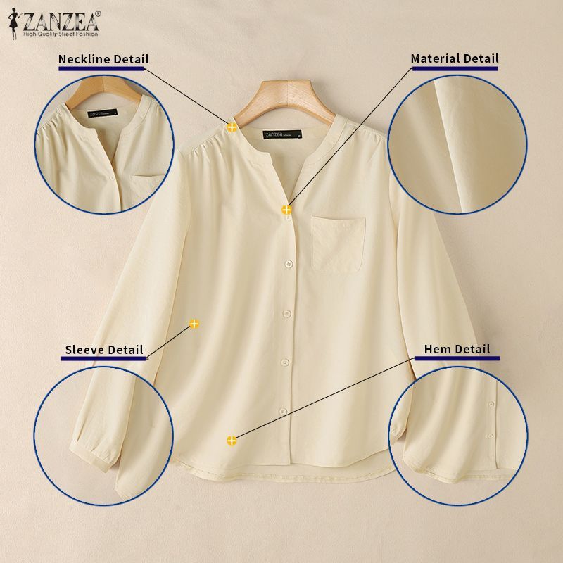 ZANZEA เสื้อผ้าแฟชั่นเกาหลีสำหรับผู้หญิง ออกแบบมาสำหรับต้นฤดูใบไม้ผลิ ทรงคอกลม แขนสาม_quarter สไตล์เสื้อปักกระดุมแถวเดียวสีทึบ — صورة 7