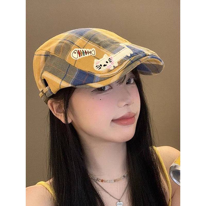 Dopamine Beret Spring and Summer Hat Women's Retro Big Head Plaid Painter Thin Newsboy Duck Tongue F