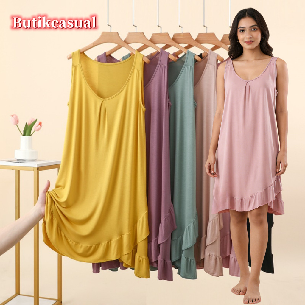 ผู้หญิง modal แขนกุดชุด V คอหวาน ruffle edge hem ชุดใหม่หลวมบาง nightdress L 2XL