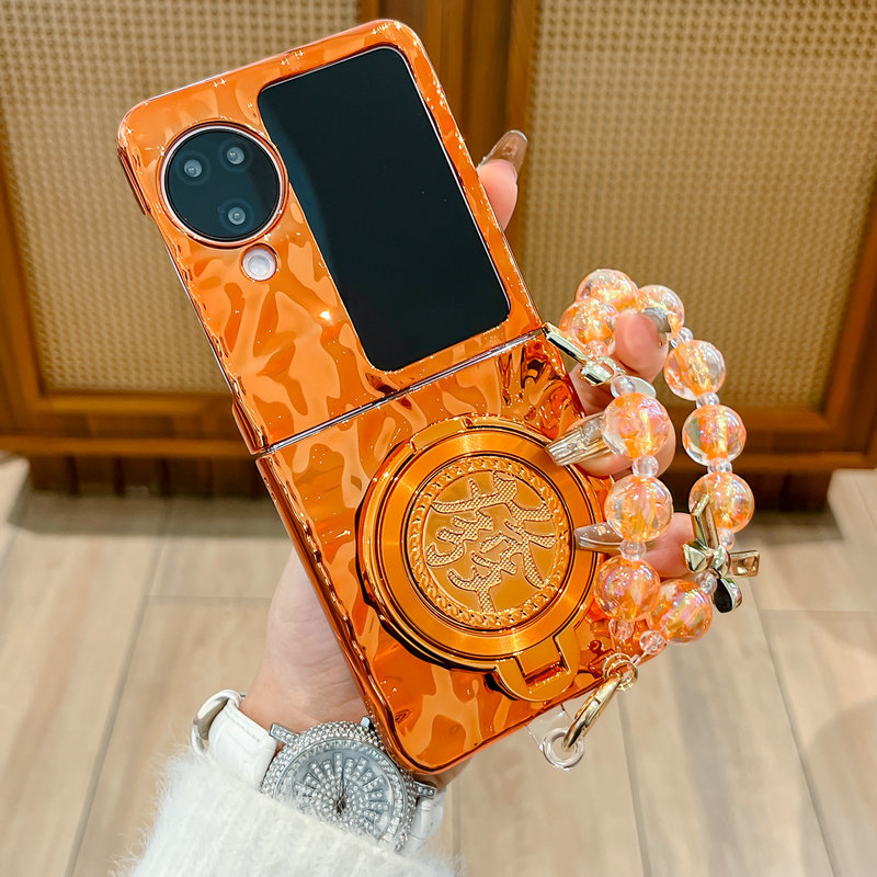 เคสโทรศัพท์แบบพับได้สําหรับ Oppo Find N2 N3 Flip สีส้มเคลือบด้วยไฟฟ้าความมั่งคั่งขาตั้งสร้อยข้อมือเคสโทรศัพท์ TPU แบบแข็ง