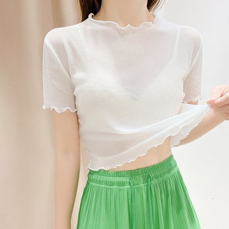 เสื้อยืดแขนสั้นผ้ากอซ มีลูกไม้ ใส่สบาย เหมาะสำหรับวันสบาย ๆ