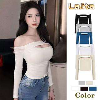 พร้อมส่งในไทย เสื้อยืดปาดไหล่ แขนยาว ทรงสลิมฟิต สไตล์หวานเซ็…