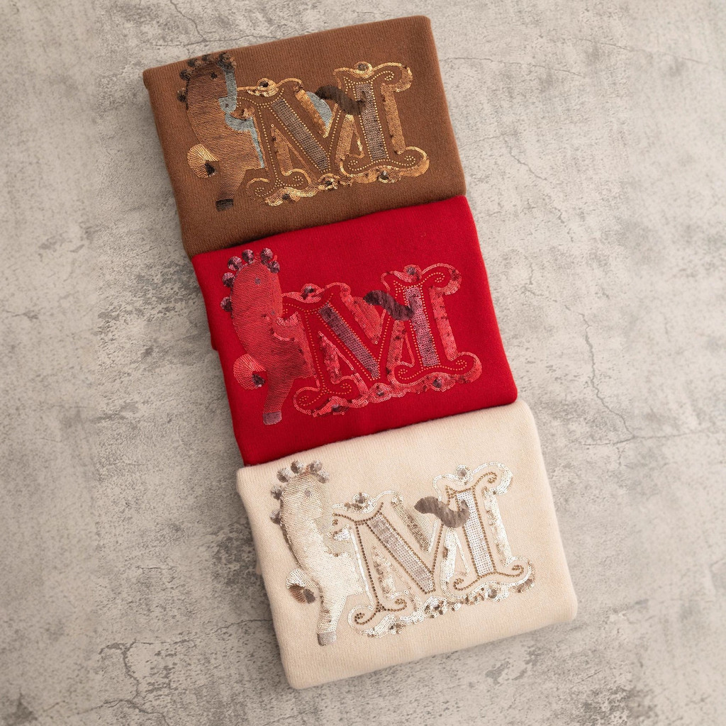 ITDO MaxMar* Autumn and Winter New Year Horse M Letter Embroidered Sequin Round Neck Loose Knit Swea