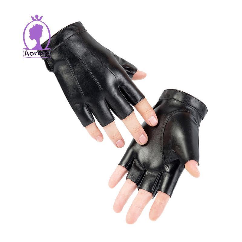 # ANTH # Fingerless Men Gloves Leather Motor Punk Gloves Male Mittens Black Half Finger Outdoor Mens