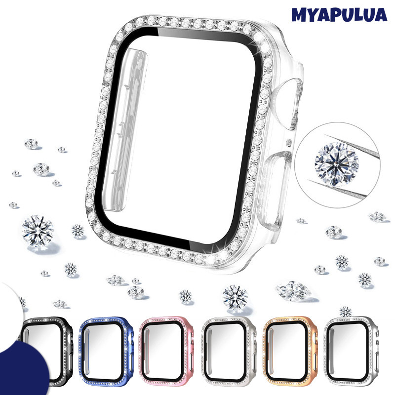กรณีพีซีเพชรแก้วนิรภัย for Apple Watch 45มม IWatch Series 11 10 9 8 7 6 5 4 SE 3 2 1 44มม 42 41 40 38มม ปกป้องกันหน้าจอ