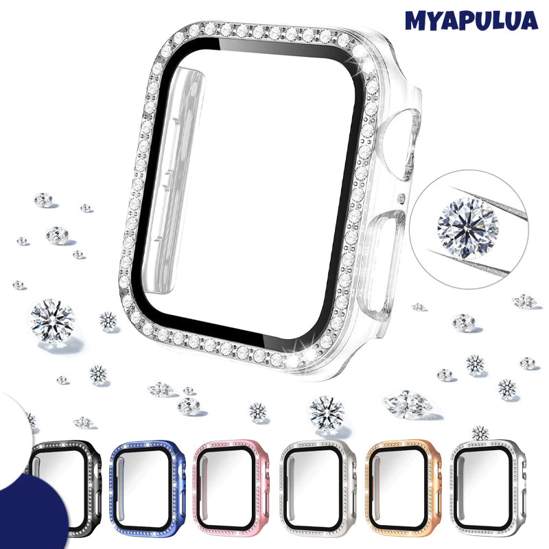 กรณีพีซีเพชรแก้วนิรภัย for Apple Watch 45มม IWatch Series 11 10 9 8 7 6 5 4 SE 3 2 1 44มม 42 41 40 38มม ปกป้องกันหน้าจอ