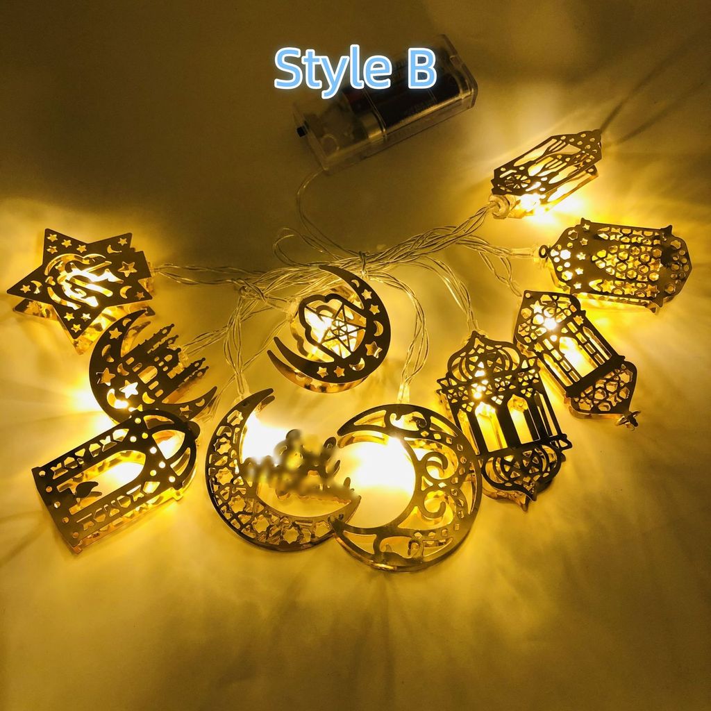 Ramadan Star Moon Castle Light String Electroplated Iron Art เทศกาลบรรยากาศตกแต่ง String LED สีสัน L