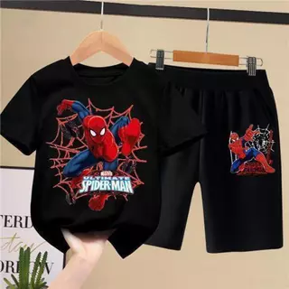 [COD]ชุดกีฬาเด็กผู้ชาย ธีมสไปเดอร์แมน เสื้อผ้าฤดูร้อนสำหรับเด็ก เสื้อยืดคอกลมแขนสั้น กางเกงขาสั้นสไตล์ตะวันตกหล่อ ชุดสอง