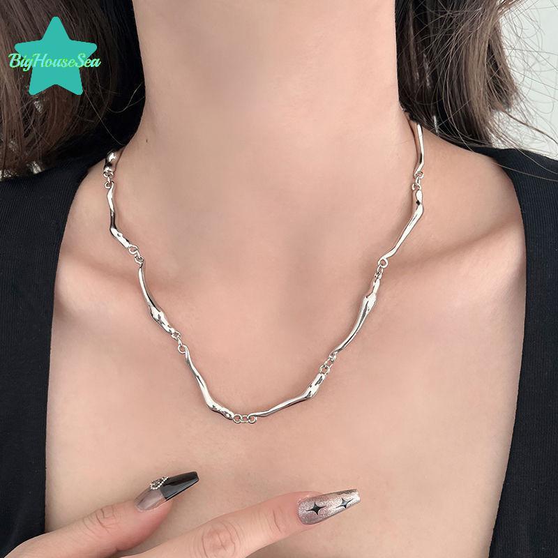 [Sea-t] Silver Irregular Minimalist Chain Necklace Men Simple Fashion Statement Accessory